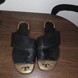 Tory Burch Black and Gold Slide Sandals